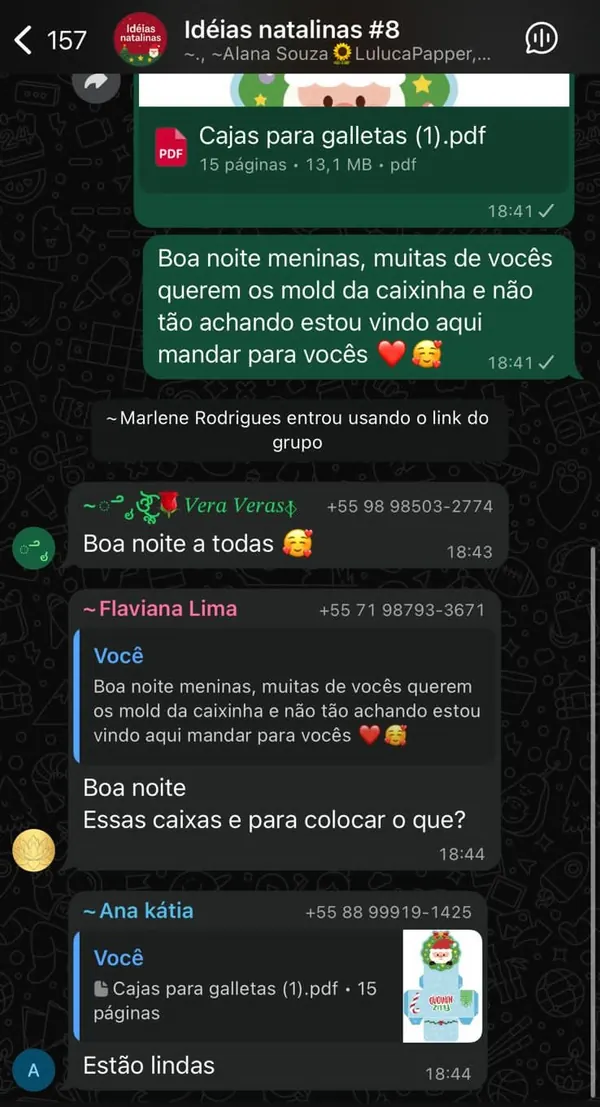 Print do grupo de WhatsApp com alunas elogiando os moldes de caixinhas