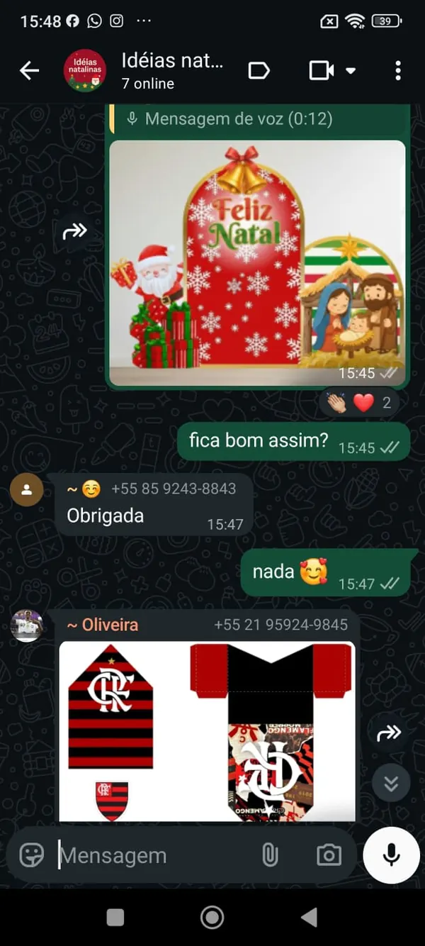 Print do grupo de WhatsApp com os moldes sendo enviados e a aluna agradecendo